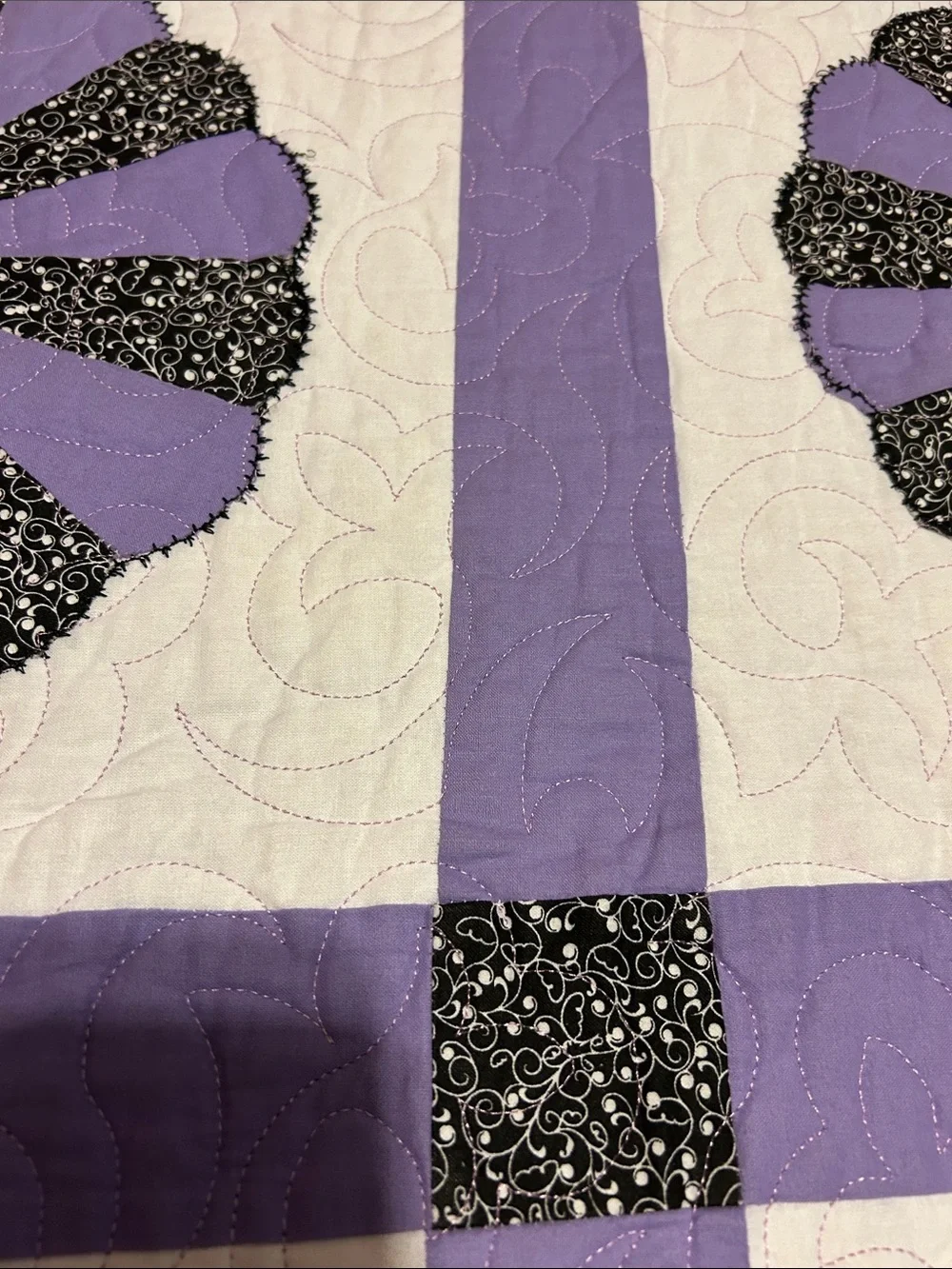 ONE OF A KIND- HANDCRAFTED Floral Quilt in Black, Lavender and Random Yellow
